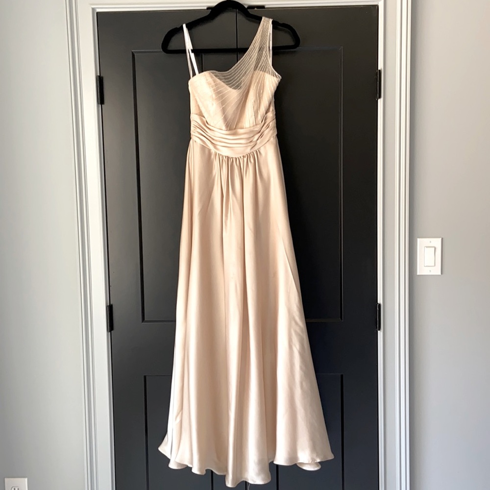 evening gown, cream, satin, one shoulder maxi dress, prom dress, wedding guest